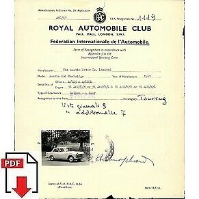 1962 Austin A60 Cambridge FIA homologation form PDF download (RAC)